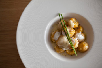 Close-up of gnocchi in a modern plate, day light