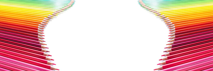 Bannner with rainbow wave frame of multicolored pencils isolated on white background. Back to school or drawing training concept.