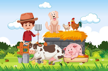 Fototapeta premium Farm scene with famer and animals on the farm