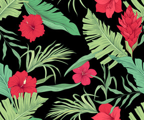 Seamless tropical pattern with red flowers and palm leaves