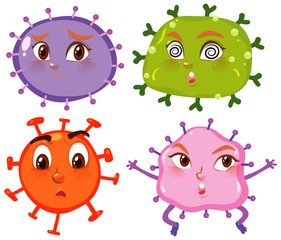 Different virus cells with faces on white background