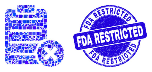 Geometric delete report page mosaic icon and FDA Restricted stamp. Blue vector round textured seal stamp with FDA Restricted caption. Abstract mosaic of delete report page created of round, triangles,