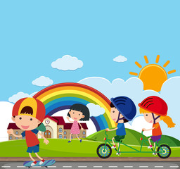 Obraz na płótnie Canvas Background scene with many kids riding on the road