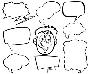 Doodle drawing of man and speech bubbles on white background