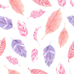 Watercolor seamless pattern with palm leaves, monstera leaves and exotic leaves.