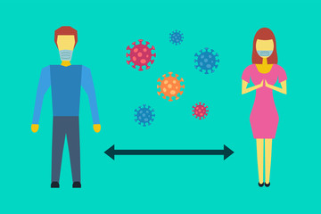 Social distancing to protect from COVID-19 coronavirus outbreak spreading concept. Man woman keep distance away. Virus pathogens. Vector illustration