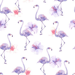 Watercolor seamless pattern with tropic birds flamingos and exotic flowers.