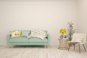 White living room with sofa. Scandinavian interior design. 3D illustration