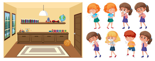 Background scene of classroom and set of sick boys and girls