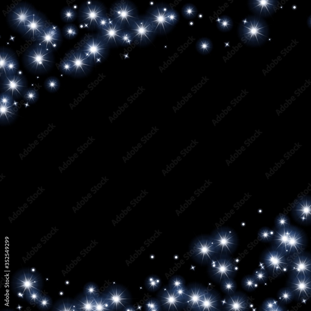 Poster glowing stars background with copy space. black background with the stars around the corners of the 