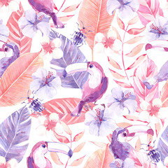 Watercolor seamless pattern with tropic birds toucans and jungle plants and flowers.