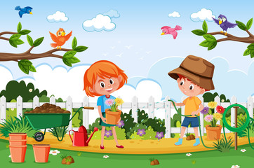 Background scene with kids planting in the park