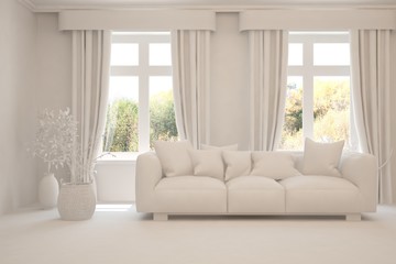 White minimalist living room with sofa. Scandinavian interior design. 3D illustration