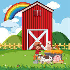 Farm scene with farmer and animals on the farm