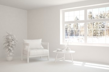 Mock up of stylish room in white color with armchair. Scandinavian interior design. 3D illustration
