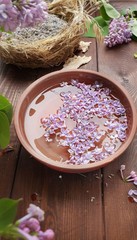 Bowl with water and lilac on a lavender background
