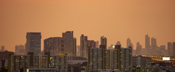 Twilight view of Bangkok, Thailand. Banner size.