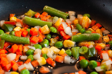 Assorted different vegetables in a pan in sunflower oil