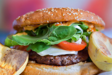 Delicious fresh homemade burger and French fries