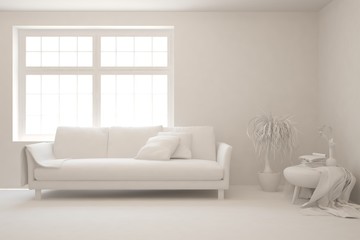 White minimalist living room with sofa. Scandinavian interior design. 3D illustration