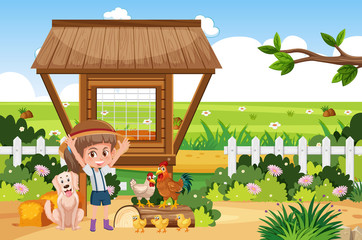 Farm scene with girl and many animals