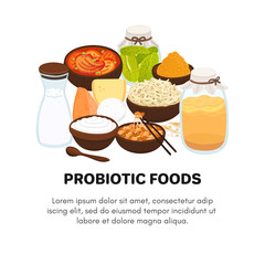 Vector probiotic foods. Best sources of probiotics. Beneficial bacteria improve health. Design is for label, brochure, menu, poster, advertising banner, article about diets, healthy proper nutrition