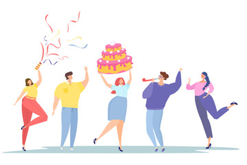 Corporate party. Employees birthday. People wish happy birthday. Flat tgector illustration. Cake, clapperboard, confetti.