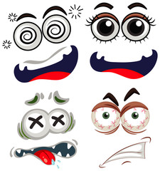 Set of different facial expressions on white background