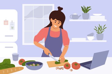 Cook healthy food at home. Cute girl cooking homemade meals in kitchen. Young woman watching culinary video blog or master class on laptop and cutting salad ingredients by recipe. Vector illustration.