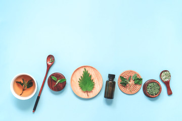 Fresh young spring leaves, dry nettle, salt with herbs in wood spoon,bottle with oil on pastel blue background. Apothecary, healthy food or herbal cosmetics concept. Flat lay, copy space
