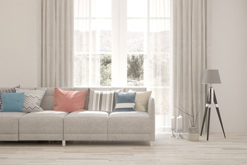 White living room with sofa. Scandinavian interior design. 3D illustration