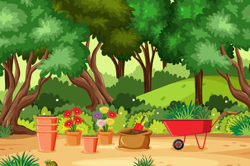 Background scene with gardenig tools in the park