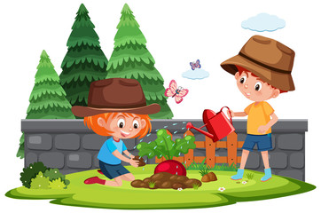 Farm scene with boy and girl planting vegetable