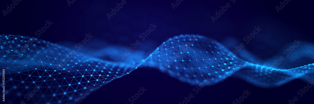Poster Futuristic background of points with a dynamic wave. Excellent data visualization. 3D rendering.