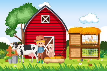 Farm scene with farmer and animals on the farm