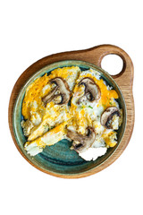 scramble fried eggs
omelet mushroom concept healthy eating. food background top view copy space for text keto or paleo