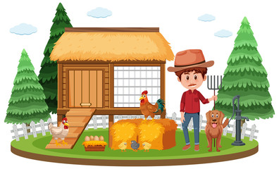 Farm scene with farmer and chickens on the farm