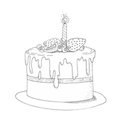 A birthday cake decorated with strawberries and blueberries and a birthday candle. Doodle illustration.