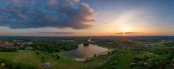 Panoramic sunset drone landscapes of Lanstropsee lake in Dortmund