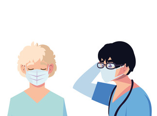 Men doctors with uniforms and masks vector design