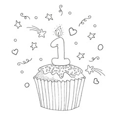 Cupcake with a candle in the form of a unit for the first year of birth! Happy birthday doodle style concept!