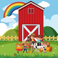 Obraz na płótnie Canvas Farm scene with children and many animals on the farm