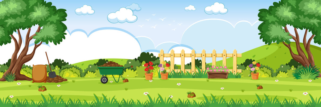 Background scene with gardening tools in the park