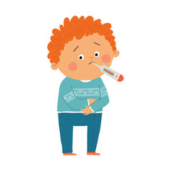 Little boy sick with high fever. Cartoon vector hand drawn eps 10 illustration isolated on white background in a flat style.