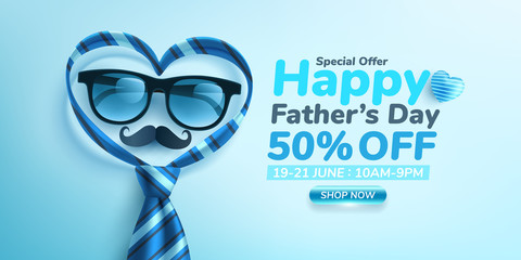Father's Day Sale poster or banner template with glasses and heart shape by necktie on blue background.Greetings and presents for Father's Day.Promotion and shopping template for love dad