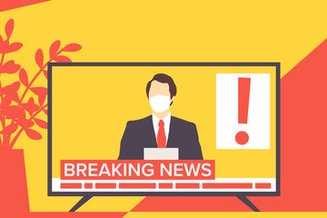 Breaking news reader anchorman in white medical mask during coronavirus COVID-19 pandemic. Media, journalism, press vector illustration.