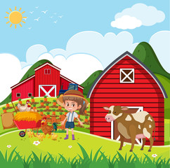 Farm scene with girl and chickens on the farm