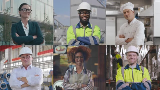 Portraits of people with crossed hands doing different jobs smiling at camera