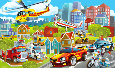 Obraz na płótnie Canvas cartoon happy and funny scene of the middle of a city with cars driving by and planes flying illustration