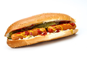 Baguette sandwich with hot dog on a white background 